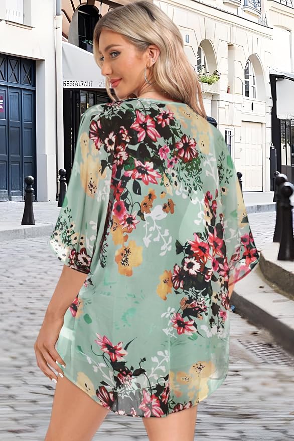 Women Kimono Cardigans Summer Cover Up Hawaiian Shirts Floral Print Tops | ROSEMIA chiffon kimono open front cardigans, beach cover ups, daily casual tops, cruise outfits, summer resort wear