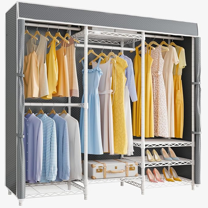 VIPEK V5C Medium Covered Clothes Rack Heavy Duty Portable Closet Wardrobe, Freestanding White Clothing Rack with Grey Upgraded Polyester Cover, Adjustable Custom, 56.7" Lx15.7 Wx76.4 H