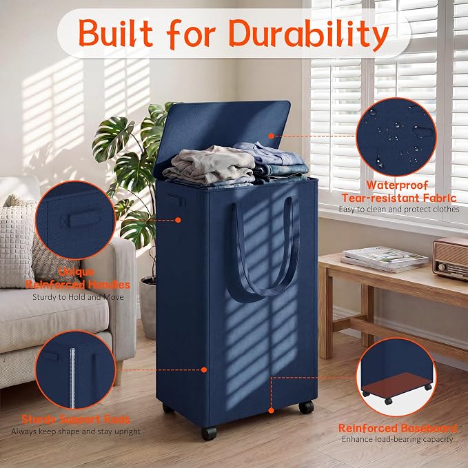 Slim Laundry Hamper with Wheels,20 Gal (75L) Rolling Laundry Basket with lid and wheels Clothes Hamper Foldable Tall Dirty Clothes Basket Sturdy Collapsible Clothes Hamper for Dorm,Laundry Room