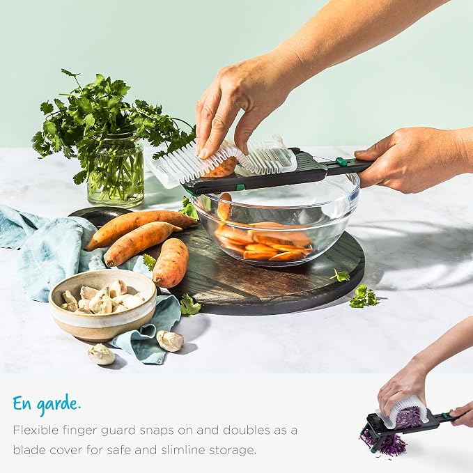 Dreamfarm Nocutu Adjustable Handheld Mandoline Slicer with Finger Guard | Fruit and vegetable cutter with flexible snap-on protective blade cover and non-slip foot - creates precise 1-3mm thin slices
