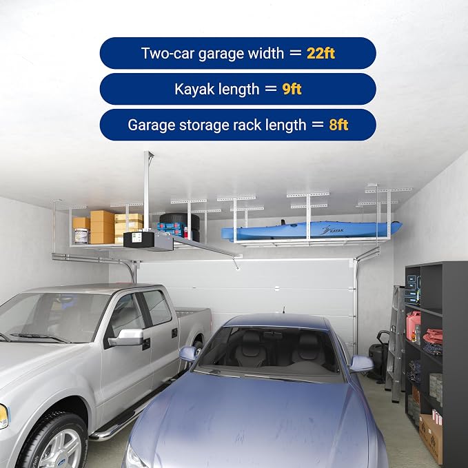 FLEXIMOUNTS 3x8 Overhead Garage Ceiling Storage Rack, Adjustable Garage Organization System, Heavy Duty Metal, 750lbs Weight Capacity, White, Classic Series