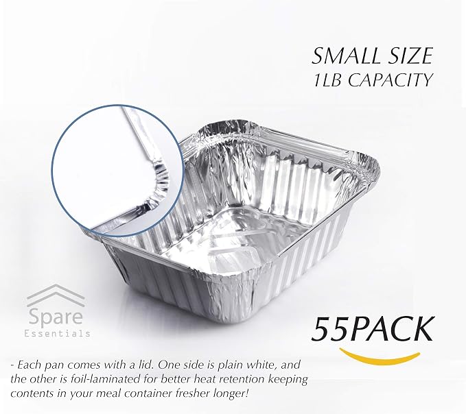 55 Pack - Aluminum Pan/Containers with Lids/Foil Containers/Aluminum Pans with Lids/Take Out Containers/Disposable Pans/Aluminum Foil Food Containers/Freezer Meals containers (1 LB)