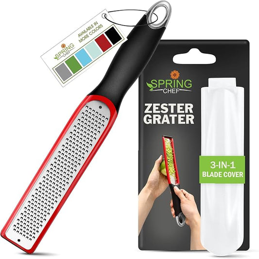 Spring Chef Premium Red Lemon Zester Grater with Handle - Fruit, Garlic, Citrus, Nutmeg, Orange Zester Tool - Heavy Duty Kitchen Shredder - Stainless Steel Ginger Grater with Blade Cover - Fine Shred
