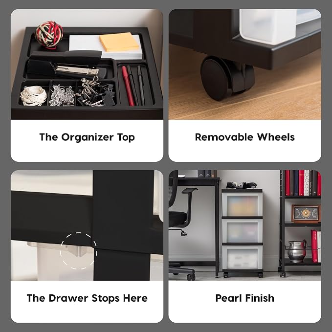 IRIS USA 3-Drawer Rolling Storage Cart, Black/Pearl | Keep craft supplies, office essentials, classroom items, and accessories organized with easy-access drawers for daily use