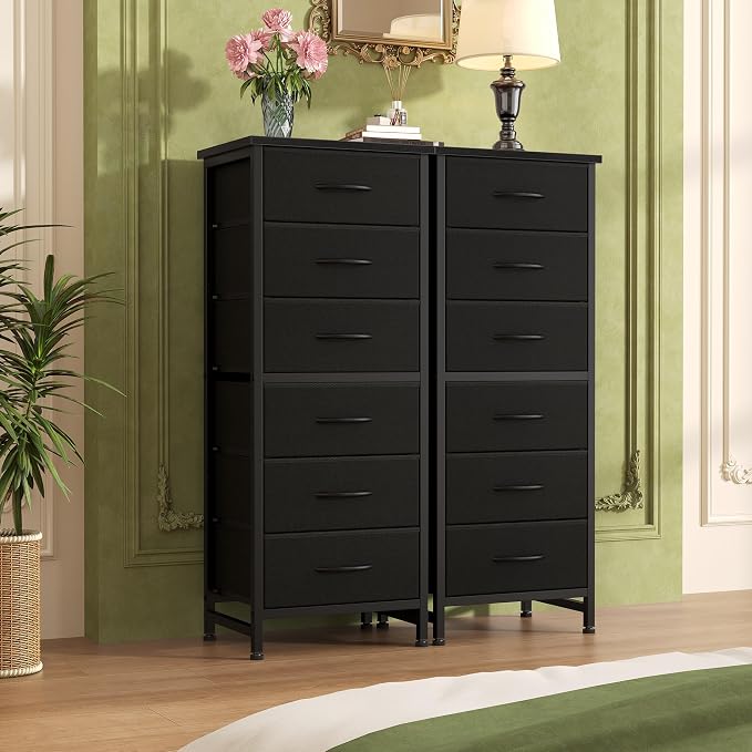 Sweetcrispy Tall Fabric Dresser for Bedroom, 6 Drawer Chest of Drawers | Narrow Storage Tower with Wood Top and Metal Frame, Vertical Nightstand for Closet, Bedroom Organization Furniture, Black