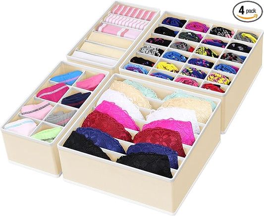 Simple Houseware 4-Pack Drawer Organizer Set for Underwear/Socks/Bra, Beige | Closet Dividers for Underwear, Socks, Bras, Scarves, Ties - Foldable Non-Woven Storage Boxes