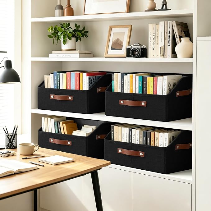 Bagnizer Closet Organizers and Storage, Linen Trapezoid Storage Bins with Handles, Collapsible Shelf Organizer for Blanket, Towel, Clothes, Hats, Purse (Black)