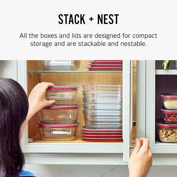 BLACK + BLUM Stack + Nest Glass Food Storage Container Set | Mix Set 4 Pack | Meal Prep Boxes with Airtight & Leak-Proof Lids. Borosilicate Glass, Oven, Air-Fryer, Microwave, Freezer & Dishwasher Safe