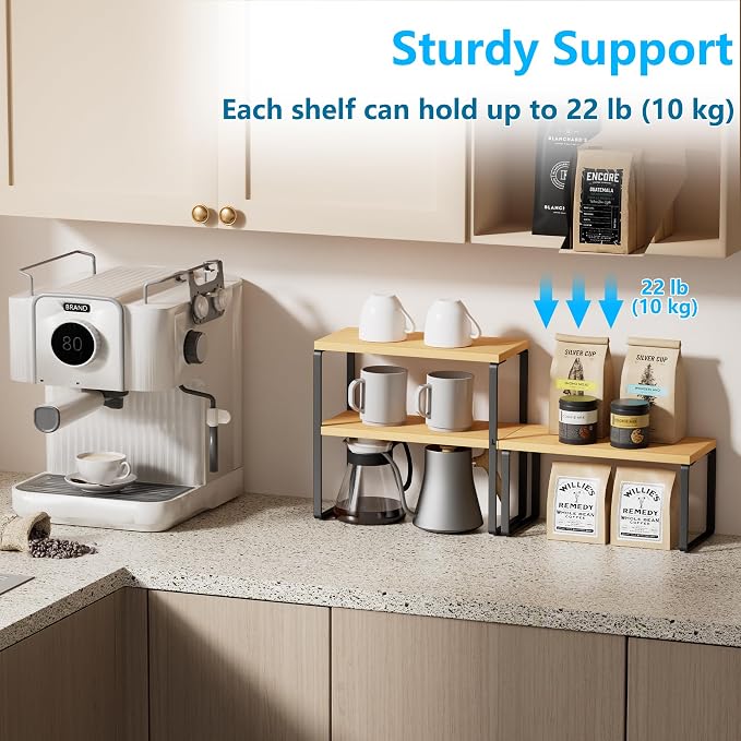 Golener Kitchen Counter Organizer, Countertop Shelf, Adjustable, Stackable | Kitchen Countertop Organizer, Spice Rack, 2-Tier Countertop Shelves, Corner Desk Shelf, Corner Counter Shelf, Bamboo
