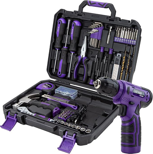CARTMAN 150-Piece Household Tool Set, 8V Cordless Drill Driver Kit, Complete Hand Tool Kit for Home Maintenance, DIY Projects and Repairs, Purple