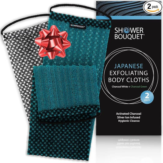 Japanese Exfoliating Washcloth for Back & Body 2-Pack - Charcoal & Silver Ion Exfoliating Towel with Handles - Two-Sided Gentle Exfoliation & Deep Cleanse Body Wash Cloths for Shower - 1 White 1 Green