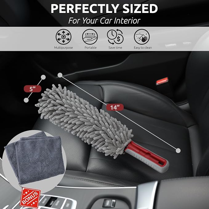 TAKAVU Car Duster Interior, 360° Microfiber Fingers, Lint & Scratch Free | Unbreakable Comfort Handle Duster, Includes Microfiber Towel, Lint-Free & Safe for Car & Home Interior, Gray
