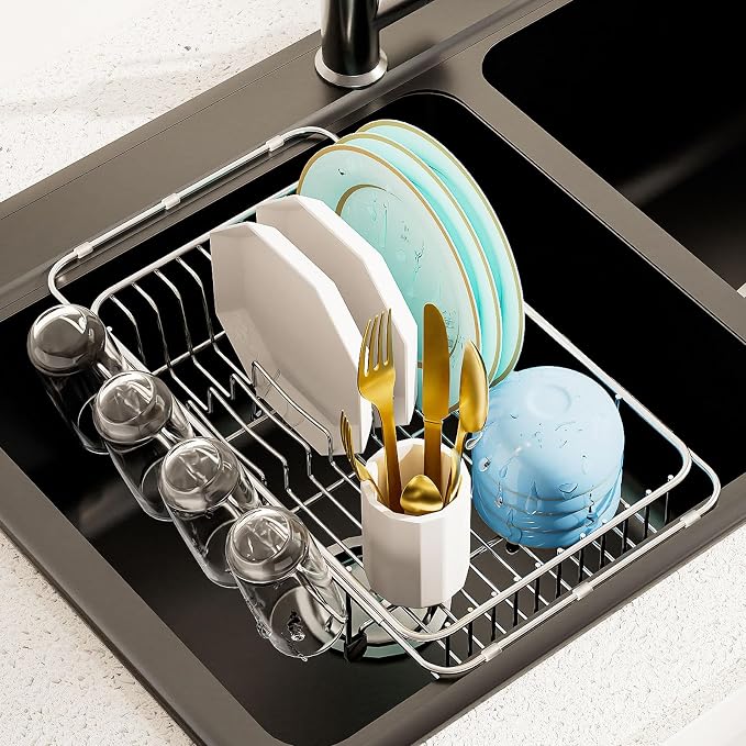 AIDERLY Dish Drying Rack in Sink Expandable Stainless Steel, Silver | In Sink, 4 Cup Holders, Kitchen Dish Drainer