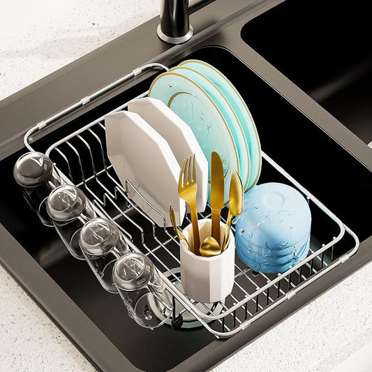 AIDERLY Dish Drying Rack in Sink Expandable Stainless Steel, Silver | In Sink, 4 Cup Holders, Kitchen Dish Drainer