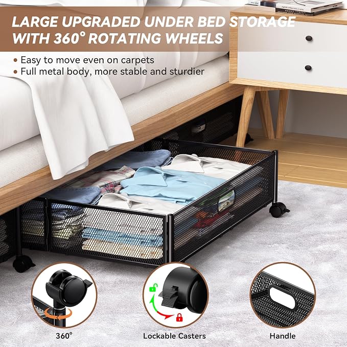 PHINOX Under Bed Storage with Wheels & Handle,Metal,Large,4 Pack,Black | Tool-free assembly, glide smoothly, easy reach, foldable, maxmazie low-profile beds, dorm, keep seasonal clothes, shoes fresh