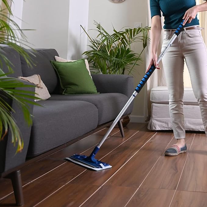 Silva Microfiber Mop Set with Reusable Microfiber Pads (Wet/Dry/Wall) | 360 Rotating Mop Head | Sturdy, Extra Long, Adjustable Metal Pole | Ergonomic Soft-Sponge Handle | Blue | Floor, Wall, Tile