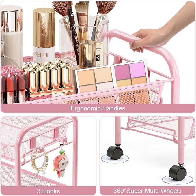 TOOLF 4 Tier Rolling Utility Cart - Durable Metal Design Pink Utility Cart, Storage Trolley on Wheels with 3 Hooks, Perfect for Kitchen, Bathroom & Laundry Room Organization