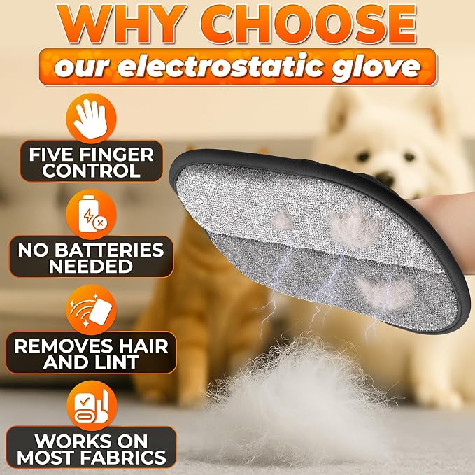 Pet Hair Remover Glove for Cats and Dogs, Reusable, 9.25 x 6.69 in | Grooming Mitt with Five-Finger Fit, Static Lift, Washable Mesh, for Couch, Carpet, Car Seat, Furniture, Bedding, and Clothing