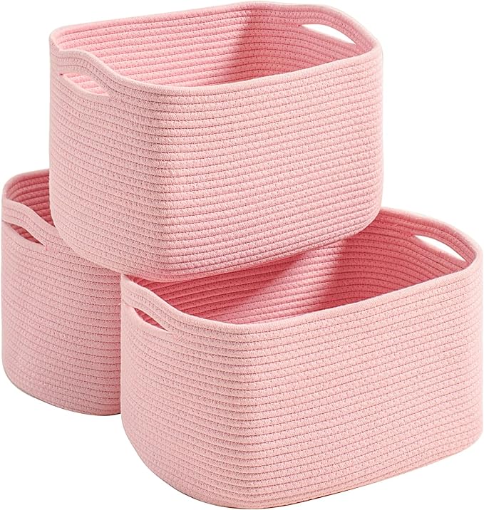 Pink Storage Baskets for Organizing Shelves, Woven Cotton Rope Baskets for Storage, Toy Basket for Kids, Cute Basket for Shelves Closet, 14.8"×11"×9.5", Pack of 3, Light Pink
