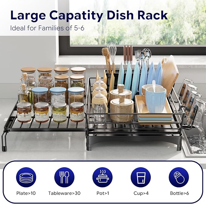 Simple Trending Dish Drying Rack - Expandable Dish Rack for Kitchen Counter, Large Capacity Dish Drainer, Stainless Steel Dish Strainer with Utensil & Cup Holders, Black