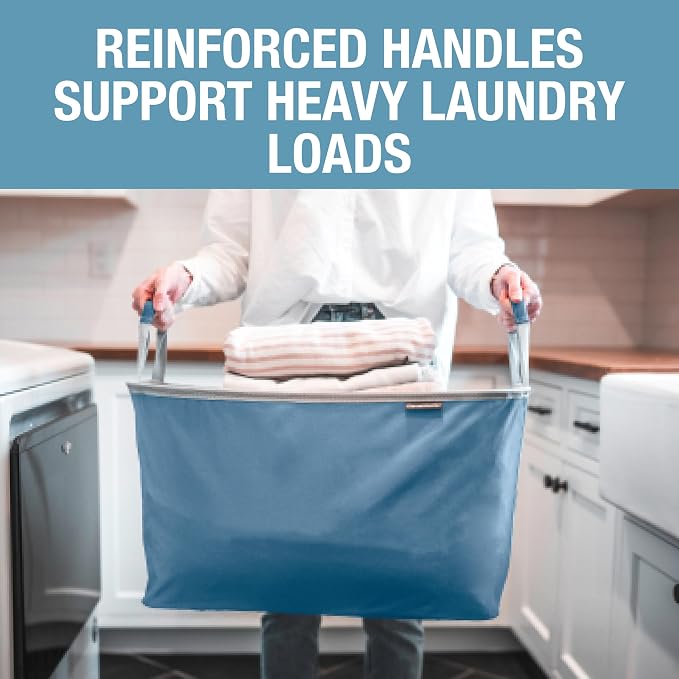 CleverMade Collapsible Laundry Basket, 60L, 2 Pack, Denim | Each basket supports 55 lb and stays upright while loading, then folds to 1.25 inches for closets, dorms, and RVs.