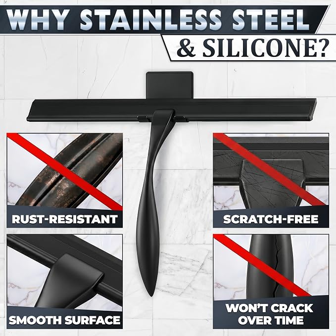 12 Inch Shower Door Squeegee - Black Shower Squeegee for Streak-Free Bathroom Glass - Stainless Steel Cleaner with Silicone Blade, Adhesive & Hanging Hooks for Mirror, Tile, Window, Car, Everyday Use