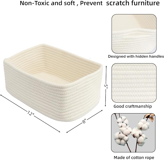 XUANGUO Small Woven Storage Baskets 12“X8”X5“ Decorative Rope Bins for Organizing Shelves, Closets, and Toys, Empty Gift Baskets, Cute Organizer Basket for Home and Office (white, regular)