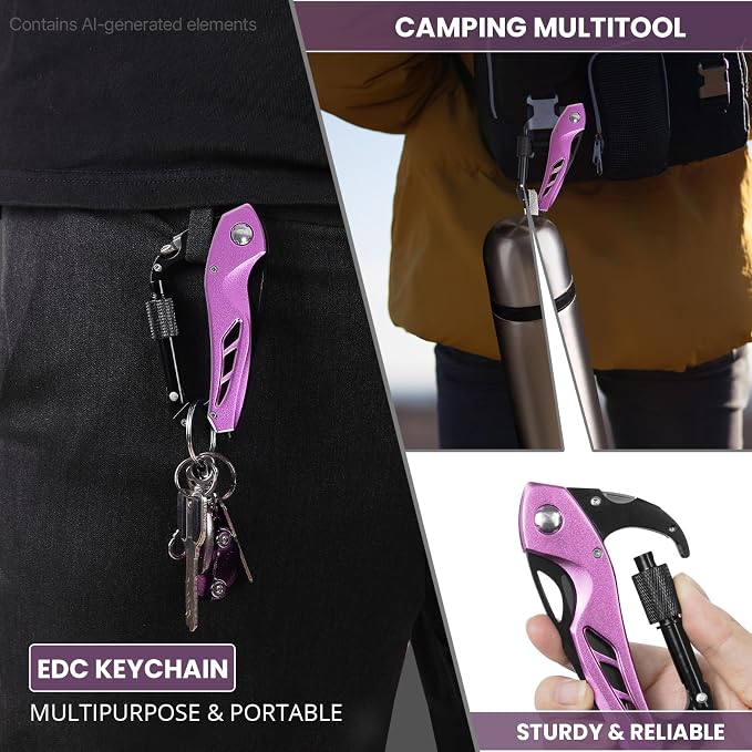 FUNBRO Pink Multitool Carabiner, Bottle Opener and Screwdriver | Stocking Stuffers Gifts for Mom Women Wife, 6-in-1 Keychain Multi Tools with Window Breaker