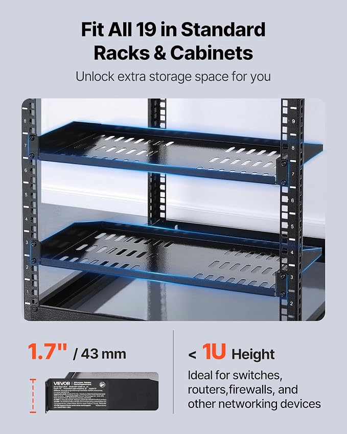 VEVOR 4PCS 1U Server Rack Shelf, Universal Vented Rack Mount Cantilever Tray for 19" Network Equipment Rack & Cabinet, 10" Deep Rack Mount Shelf