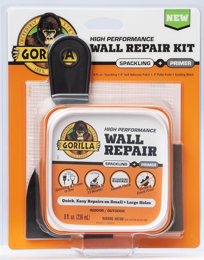 GORILLA Wall Repair Kit, Heavy Duty Spackling, 8 fl oz Tub, 4 in Patch | Includes 3 in Putty Knife, Sanding Block, Lightweight Drywall Filler, Strong Repairs for Walls and Ceilings