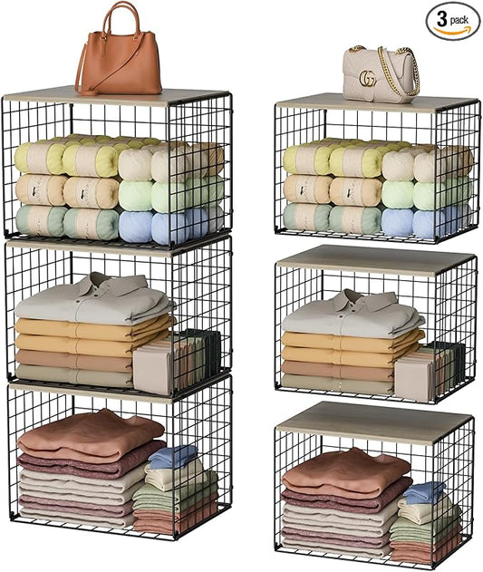 Extra-Long Closet Organizers and Storage with Top Board, 3 Pack Stackable Closet Shelf Organizer, Double Storage Design Clothes Storage Cube/Bin Organizer for Wardrobe,Space-Saving, Black,Sturdy,Metal