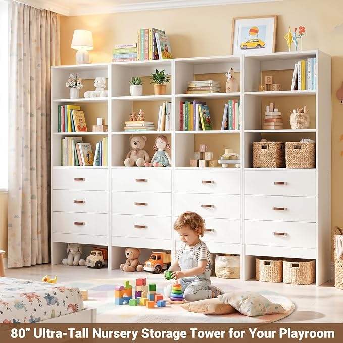 8FT Closet System with Leather Handles, 96" Walk-in Closet Storage Unit with Cabinet, Wood Wardrobe Closet Organizer and Storage with 12 Drawers, Set of 4, White