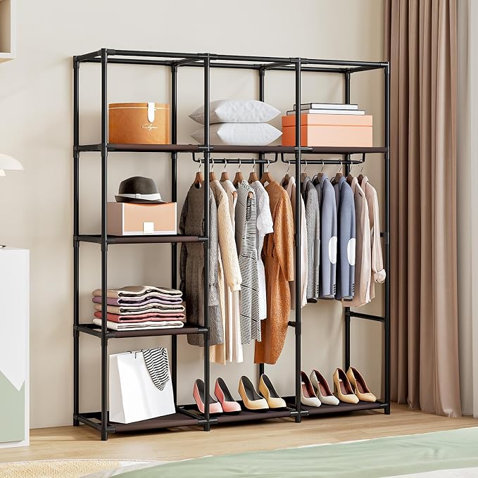SORCEDAS Portable Wardrobe Closet Storage Organizer Metal Hanging Rack Non-Woven Fabric (Coffee, 51 Inch)