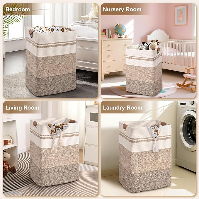 Laundry Hamper, 95L Tall Laundry Basket with Leather Handles, Rectangle Large Clothes Hamper for Organizing, Cotton Woven Laundry Baskets Storage Hampers for Bedroom, Nursery, Living Room