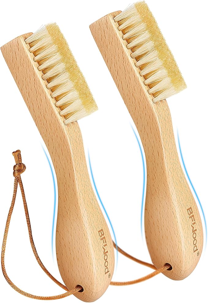 2PCS Laundry Stain Brush - Natural Soft Boar Bristles, Removes Tough Stains from Delicate Fabrics Like Knits, Cotton, and Linens, Gentle on Fabrics, No Damage