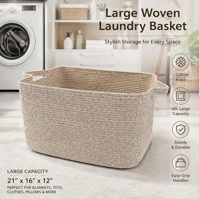 65L Large Laundry Basket with Handles,Woven Blanket Basket,Brown | 21"×16"×12" Collapsible Cotton Rope Storage Basket for Toys Clothes & Pillows, Nursery, Bathroom, Bedroom, Living Room