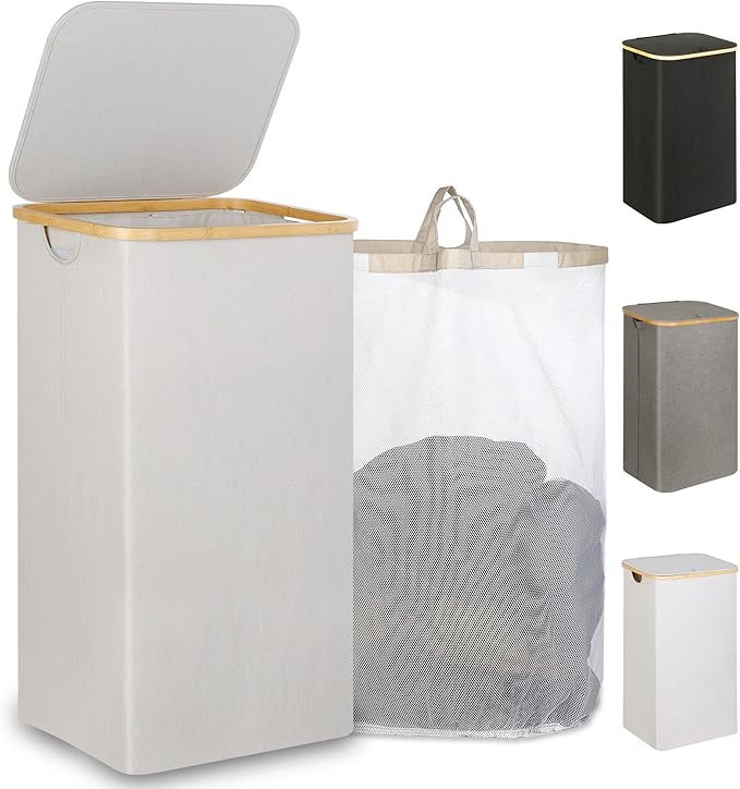 IEGrow Laundry Hamper with Lid,110L Laundry Basket with Bag,Light Grey | Dirty Clothes Hamper Basket with Bamboo Handle for Clothes Towels Organization