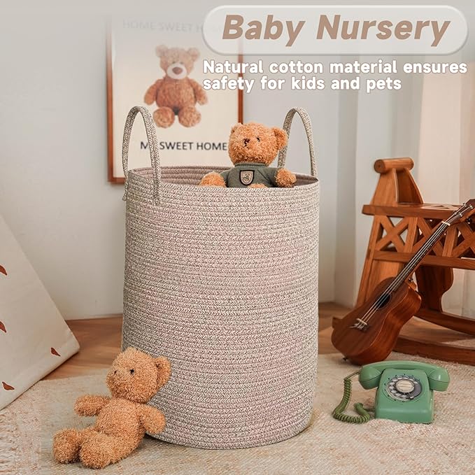 JMvicyroam Large Woven Laundry Basket Hamper,60L Cotton Rope Storage Bin for Blankets,Toys and Clothes,Decorative Tall Nursery Hamper for Living Room,Baby Nursery,Bathroom and Bedroom,Oatmeal