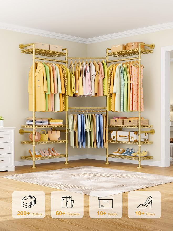 ULIFHOME M6 Clothes Rack for Wall Mounted, Heavy Duty Closet Wardrobe System with 8 Shelves and 4 Hanger Rods, 68.5" W x 11.8" D x 86.6" H Clothing Storage Organizer for Holding 1064lbs, Gold
