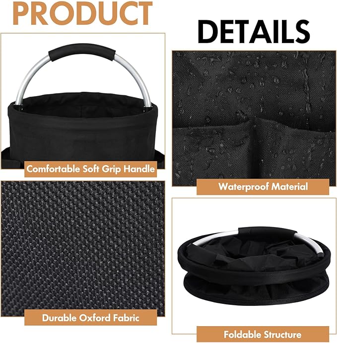 LemonRoad 4 Pack Cleaning Caddy with Handle 17L Foldable Cleaning Supplies Organizer Oxford Cloth Storage Basket with 6 Pockets & Soft Grip Portable Multi Bucket Bag for Home, Garden (Black)