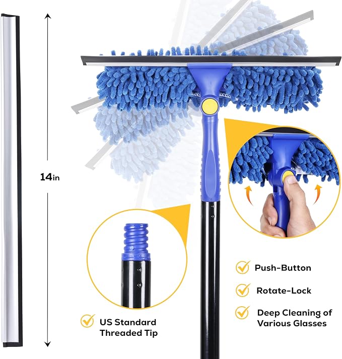 Kleen Handler 2-in-1 Window Squeegee with 60” Extendable Pole, Rotatable Glass Cleaner Tool for Commercial and Residential Use, 2 Reusable Sleeves and 14” Blade