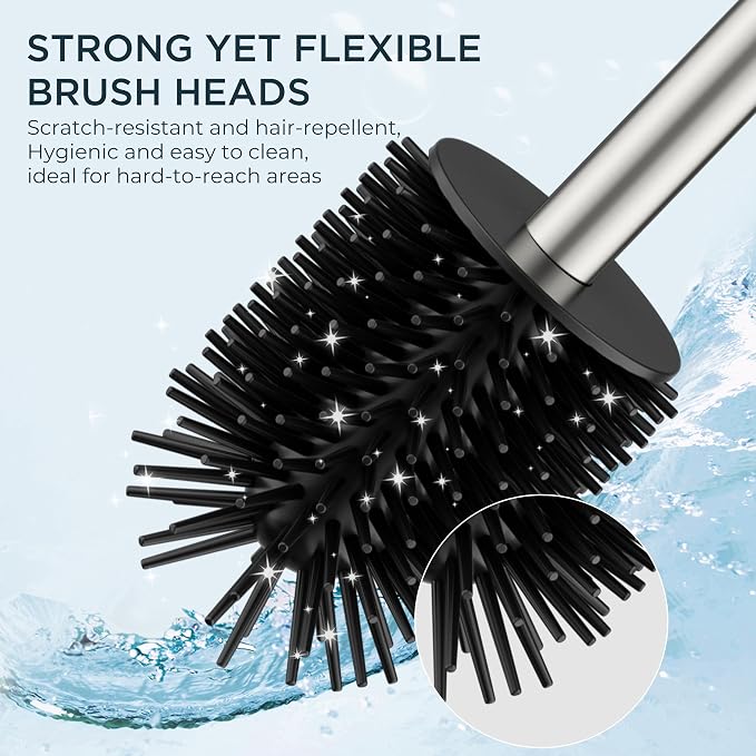 FORIOUS Short Toilet Brush and Holder Set, Heavy Duty 304 Stainless Steel Base Square and Long Handle for Bathroom Deep Cleaning, Space Saving for Storage, 2 Toilet Bowl Brush Head, Brushed Nickel