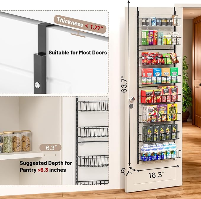 ElegantArray 8-Tier Pantry Door Organizer, Over The Door Pantry Organizer Rack and Storage, Hanging Spice Rack Shelves Door, Home Office Laundry Room Bathroom & Kitchen Organization Essentials Metal