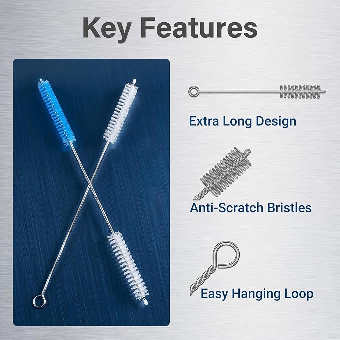 2 Pack Straw Cleaner Brush, Reusable Metal Handles Straw Cleaner Brush Extra Long for Stanley Mug 40, 30, 20 oz, 10mm Wide for Sippy Cup, Water Bottle and Tubes (Clear+Blue)