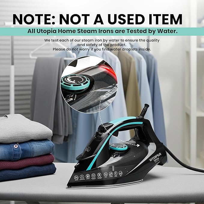 Utopia Home Steam Iron for Clothes - Non-Stick Soleplate - 1800W Clothes Iron With Auto-Off Safety Feature - Adjustable Thermostat Control, Variable Steam Control, Self-Clean, 8 Feet Cord (Black/Teal)