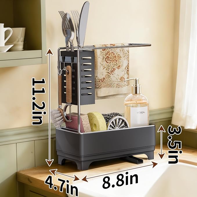 MOUKABAL Sponge Holder for Kitchen Sink, 2-Tier Sink Caddy Organizer with Drain Holes and Hooks, Holds Dishcloth, Sponge & Brushes, Kitchen Countertop Storage for New Home Essentials Grey