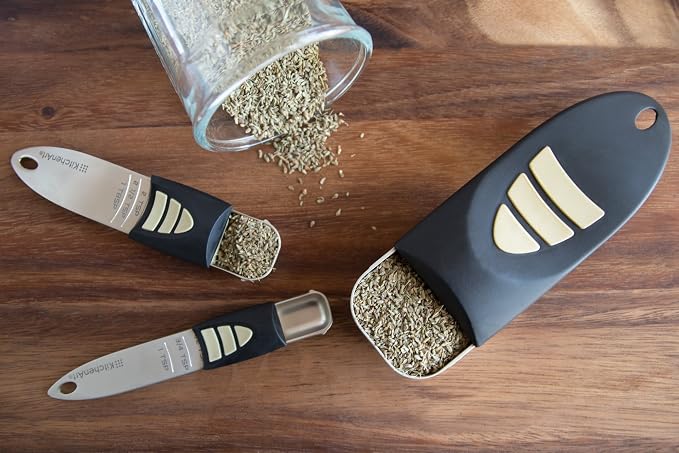 KitchenArt Cook’s Pro Adjust-A-Measure Set, 3-Piece, Satin,Black and Silver | Adjustable Measuring Teaspoon, Tablespoon, 1/2 Cup Scoop | All The Essentials For Baking & Cooking | Kitchen Gadgets & Gifts