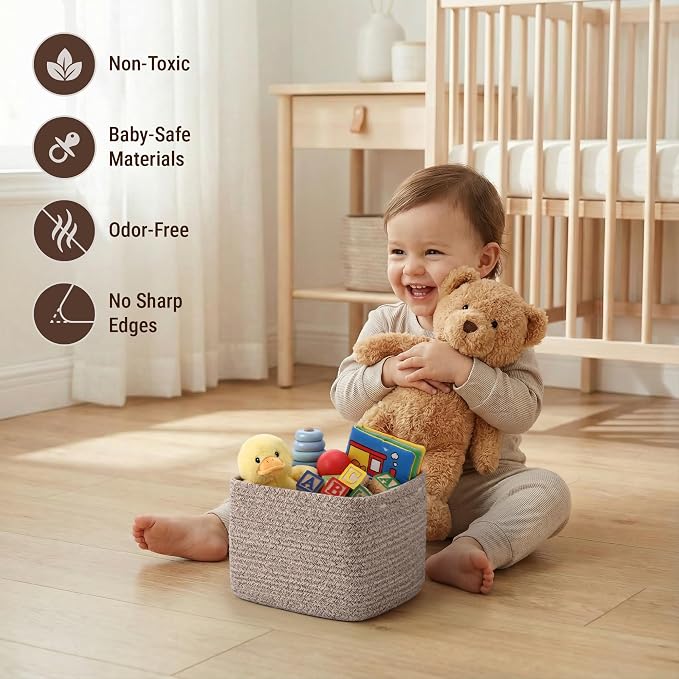 5-Pack Storage Cubes Woven Rope Baskets - 2 Sizes Organizer Bins for Closet, Shelf, Bookshelf, Nursery, Changing Table, Cube Storage Bins, Storage Baskets for Bathroom Toy & Home