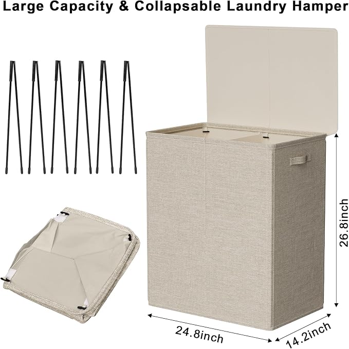 WOWLIVE 154L Double Laundry Hamper 2 Section with Lid and Removable Bags | Divided Laundry Basket, Large Dirty Clothes Hamper with Handle, Collapsible Laundry Storage for Dorm Room, College, Wheat