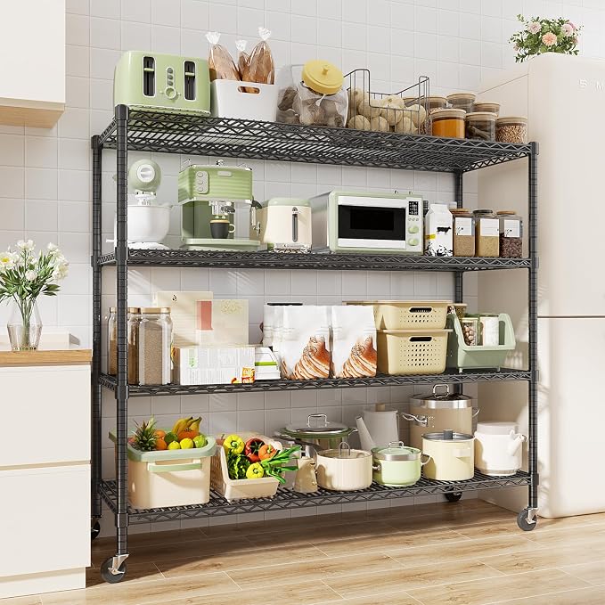 ROOMTEC 4-Tier Rolling Garage Shelving, 60"L*24"W*72"H, Max Loads 3200LBS | Wire Shelves with Wheels, Storage Rack Heavy Duty, Adjustable Metal Industrial Shelf for Kitchen,Pantry,Warehouse,Basement